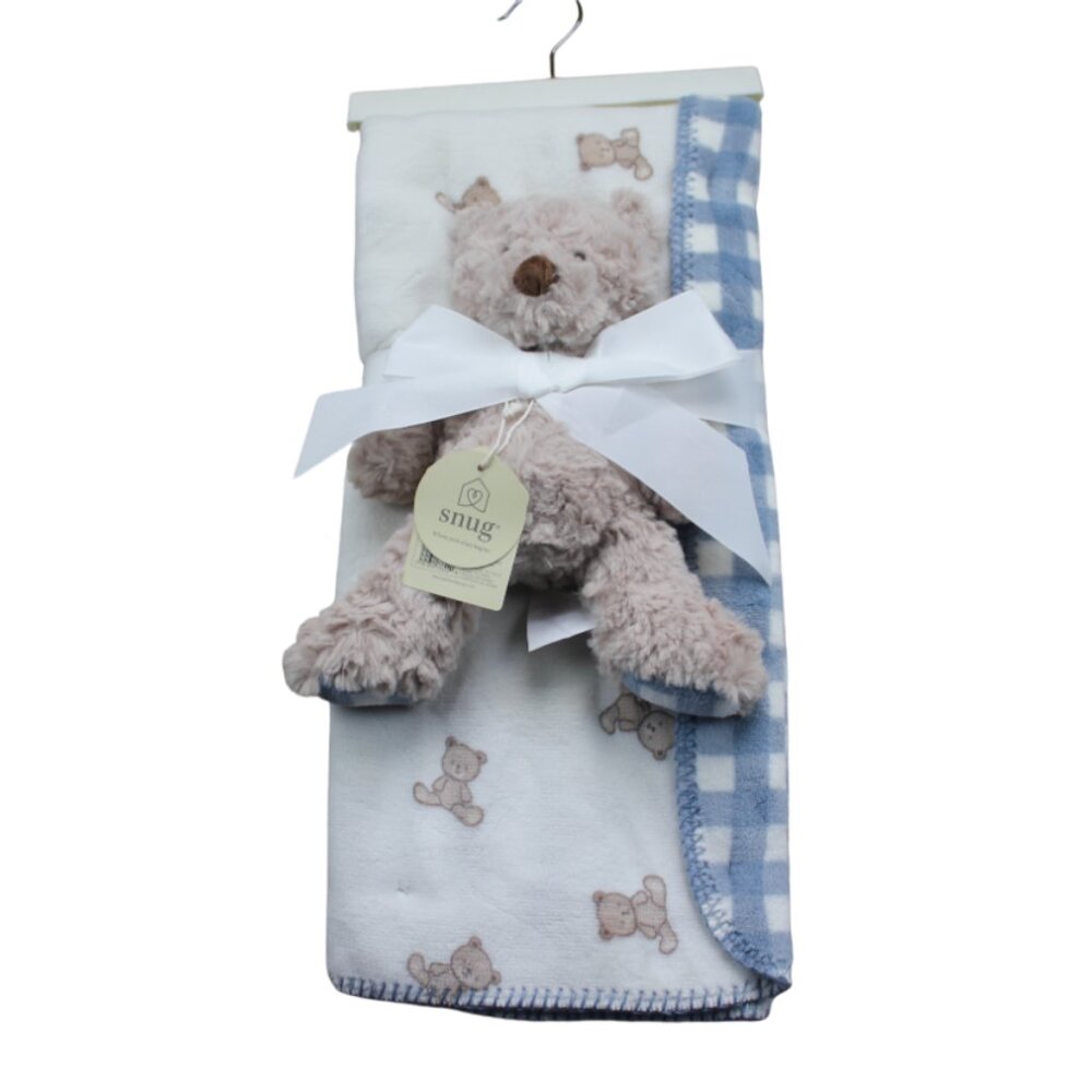 Snug Teddy Bear Plush Blankets Ivory Blue Gingham Set Baby Boys Infant Soft NWT